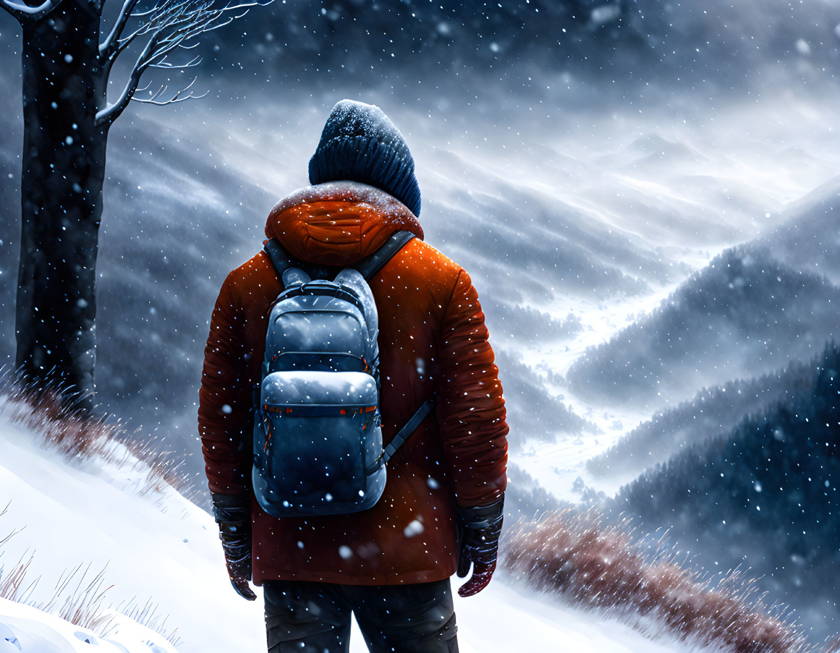 Person in winter clothing gazing at snowy mountain landscape