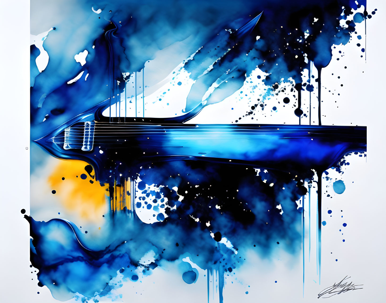 Abstract Guitar Artwork with Blue and Black Ink Splashes on White Background