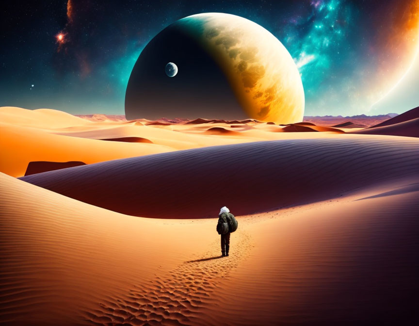 Astronaut exploring desert-like alien planet with massive dunes and starry sky.