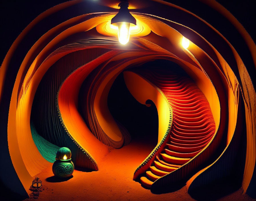 Swirling surreal room with warm hues and central light, curved shell-like structures, and green-lit