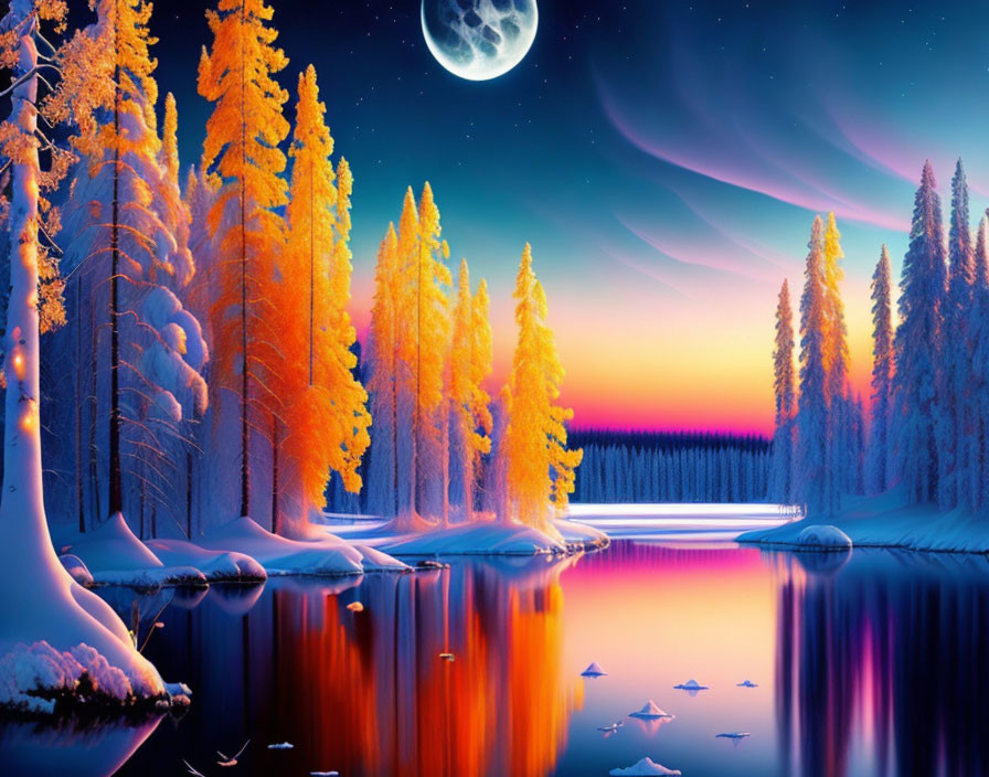 Tranquil twilight landscape with orange trees, snowy ground, and full moon