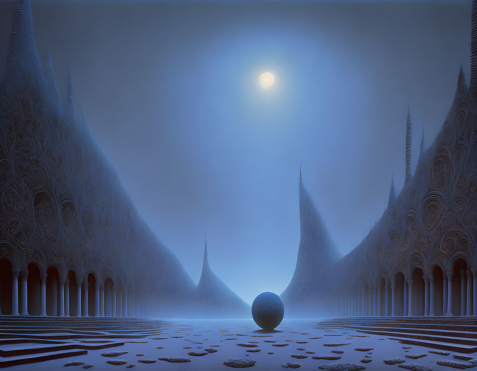 Surreal landscape with towering spires and central sphere under moonlit sky