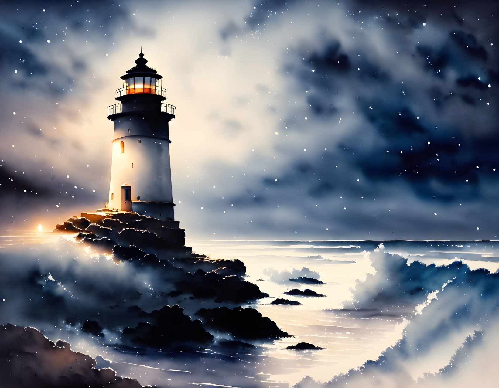 Lighthouse on rugged rocks under starry sky with ship's light visible