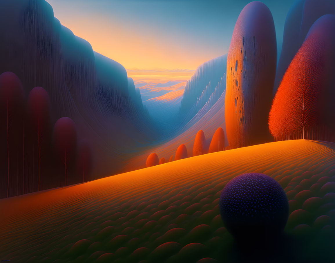 Surreal digital artwork: Vibrant landscapes in orange and blue hues