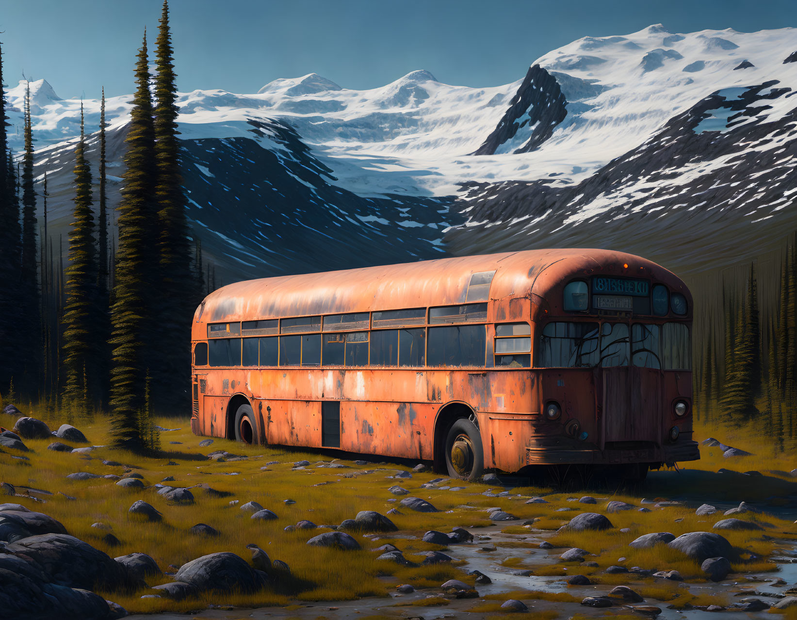 Abandoned orange bus in overgrown grass with pine trees and snow-capped mountains