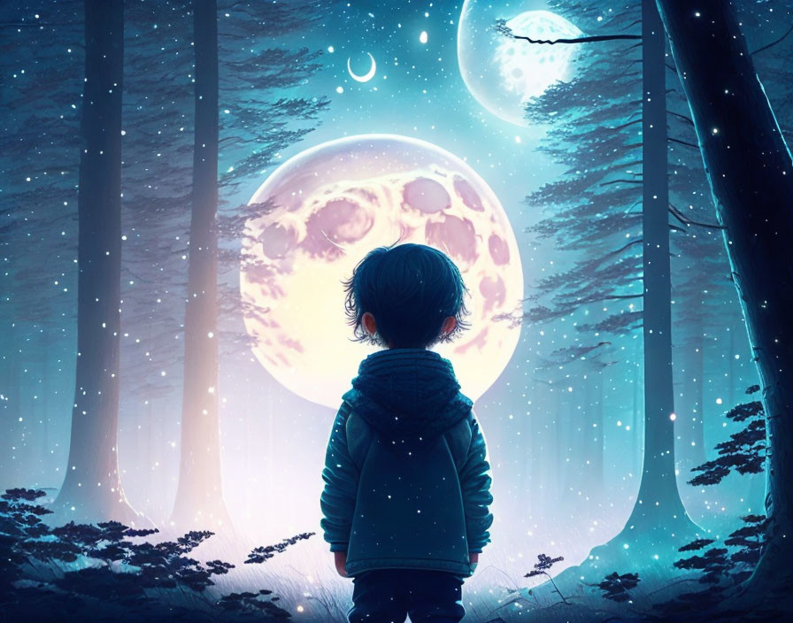 Child admires large moon in mystical forest with starry sky and ethereal glows.