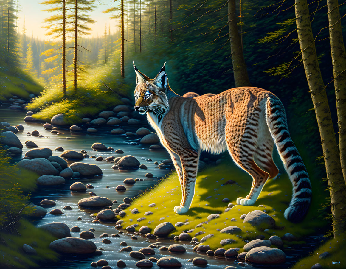 Lynx in Forest Setting by Stream and Pine Trees