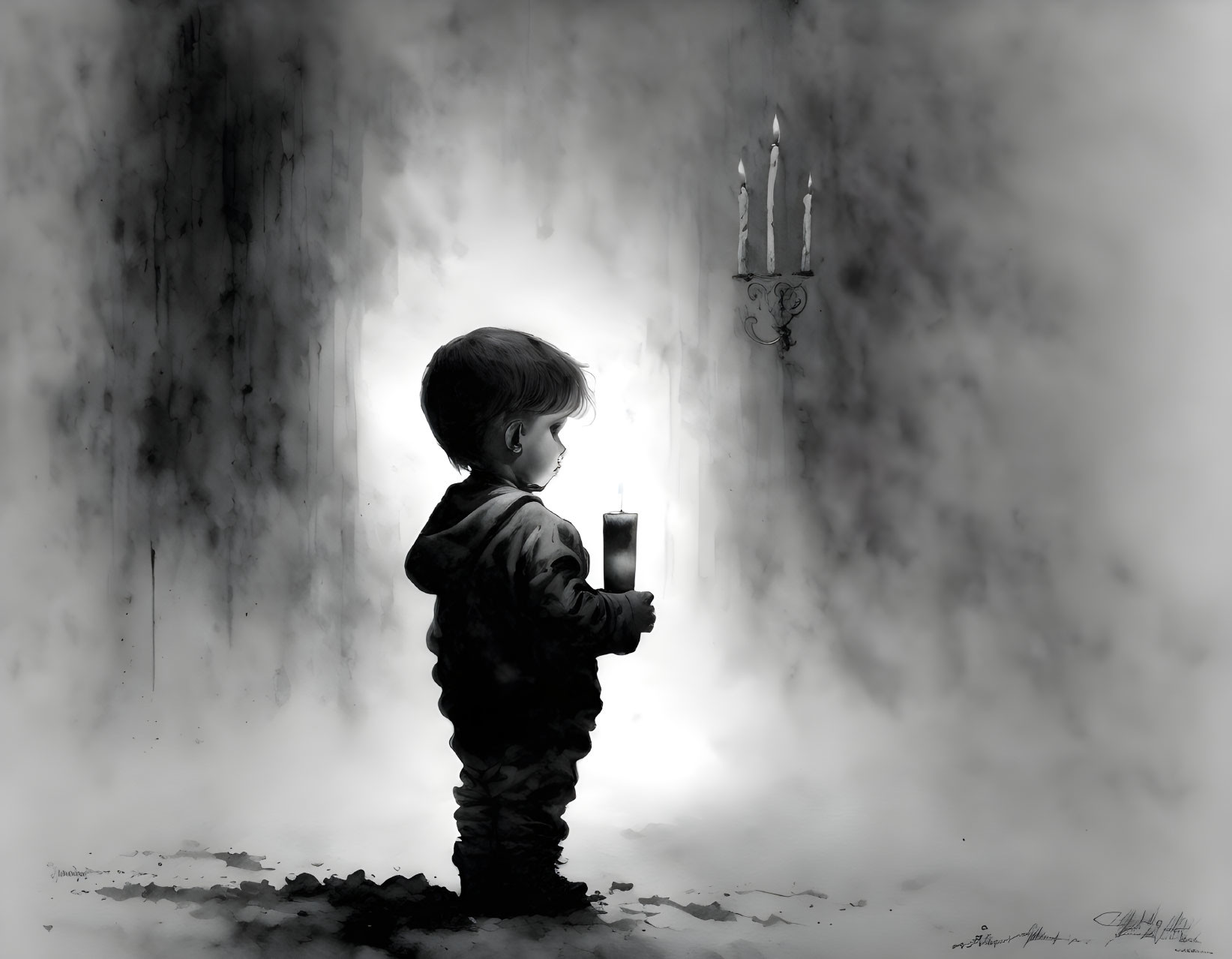 Monochrome illustration of child with candle in misty space