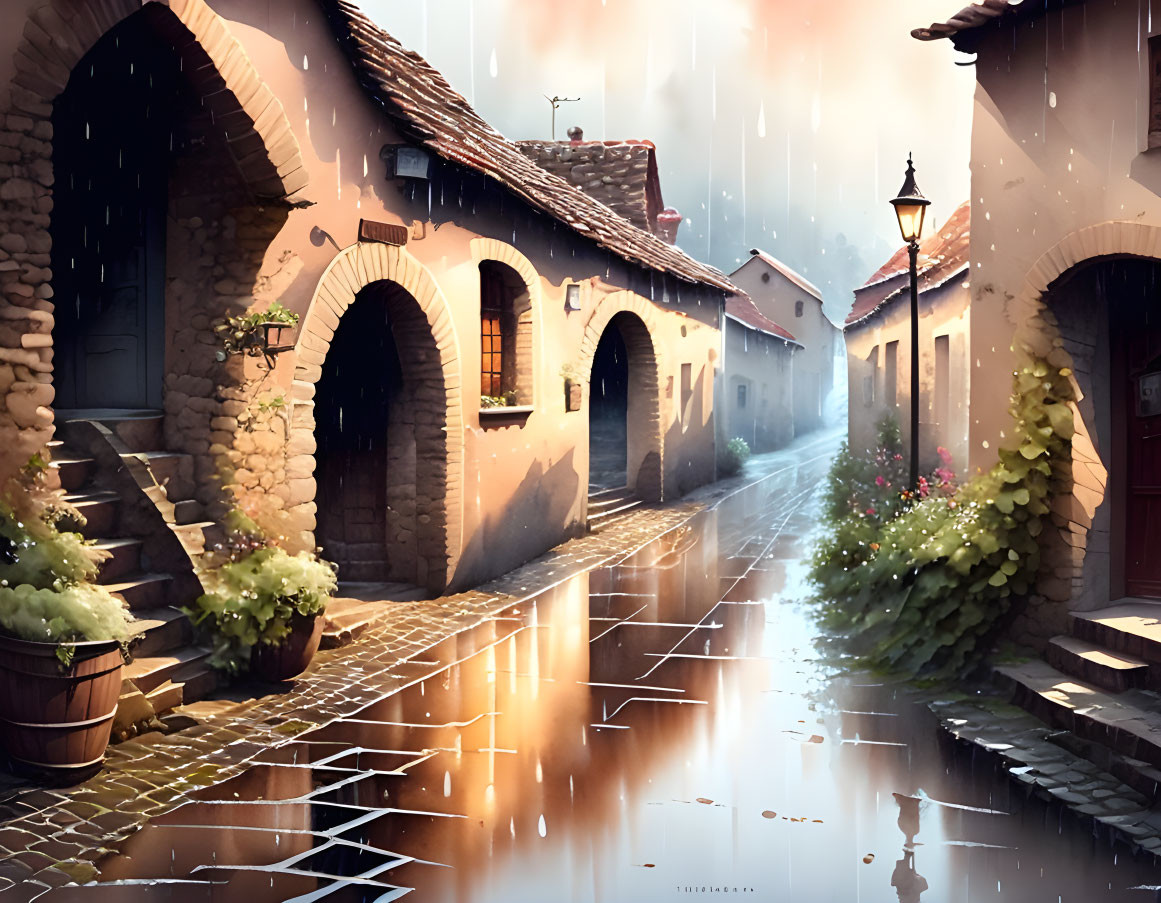 Charming cobblestone street in quaint village rain shower scene