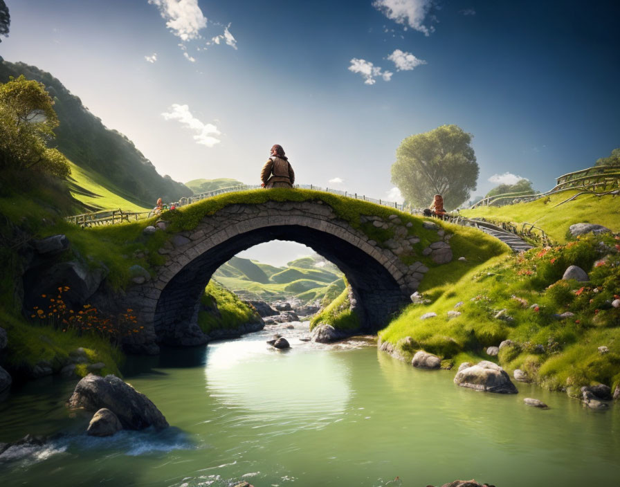 Tranquil landscape with old stone bridge, clear stream, lush hills, and person sitting.