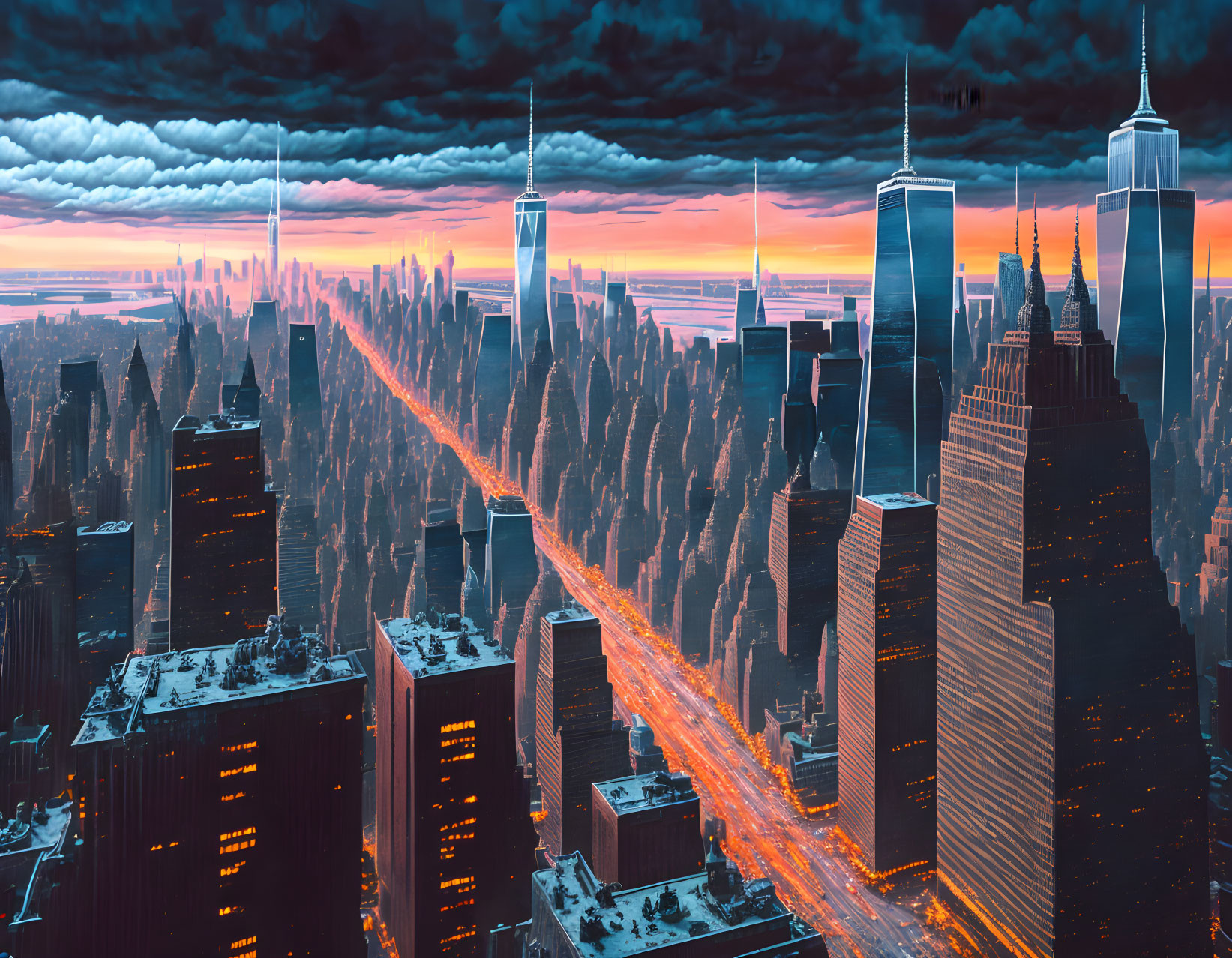 Futuristic cityscape with towering skyscrapers and orange light avenue at dusk