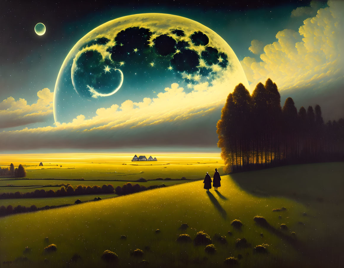 Surreal landscape with oversized crescent moon and two people