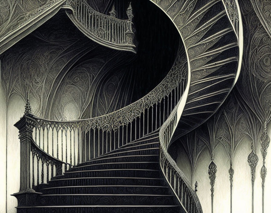 Detailed Spiral Staircase Drawing with Ornate Gothic Patterns