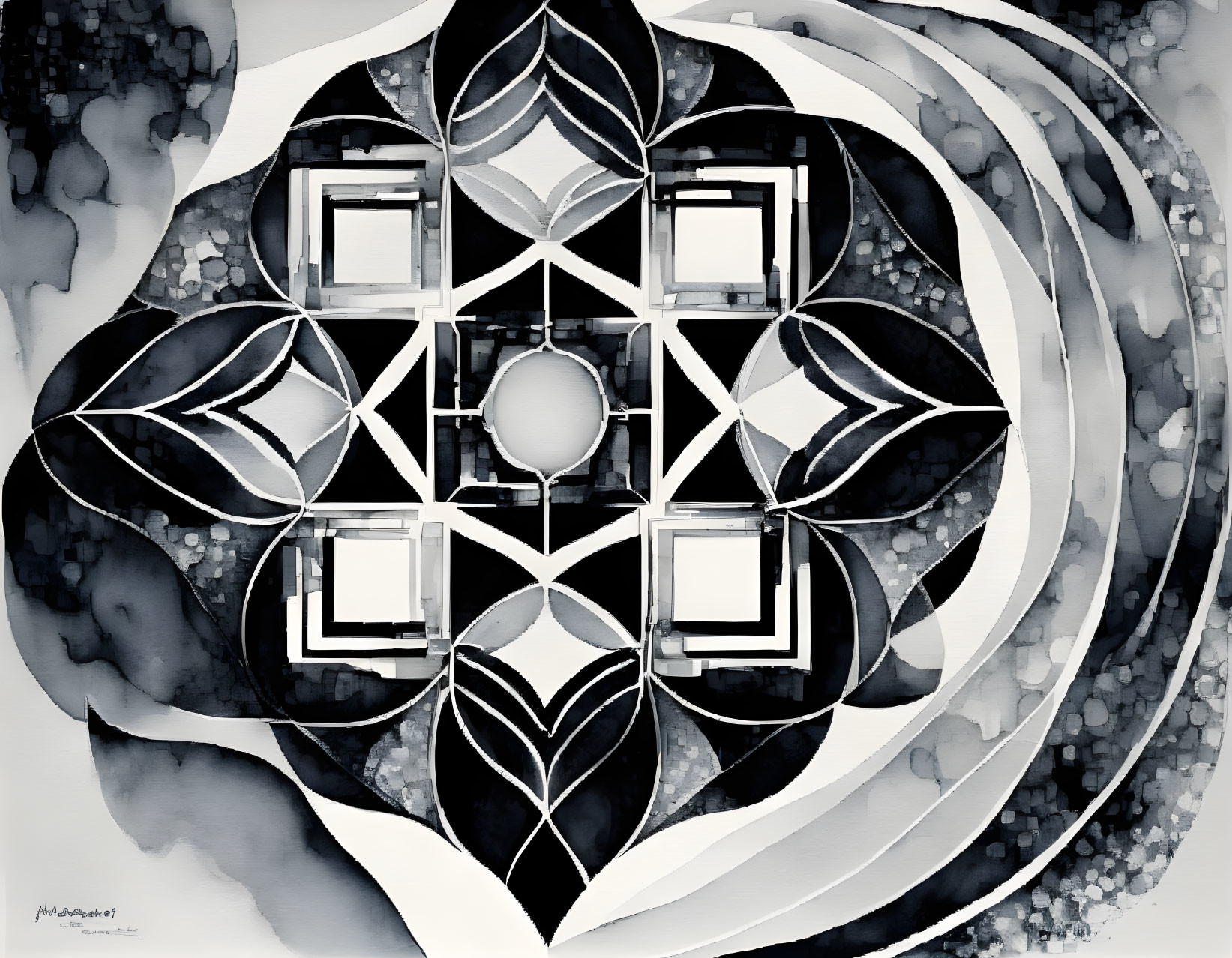 Symmetrical Abstract Grayscale Artwork with Leaf and Circular Patterns