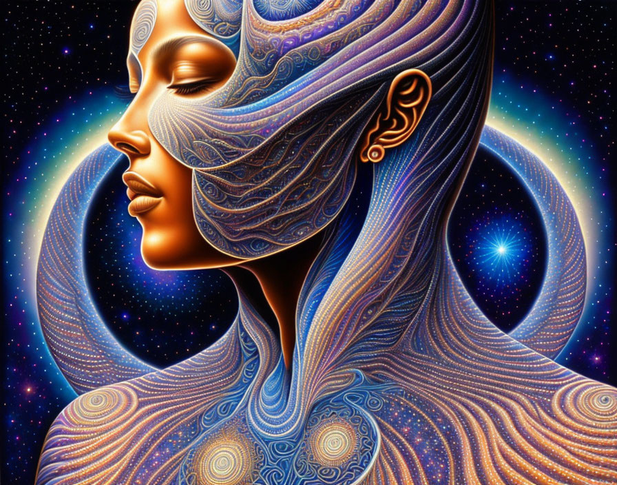 Colorful digital artwork of stylized woman with cosmic patterns and star-filled backdrop