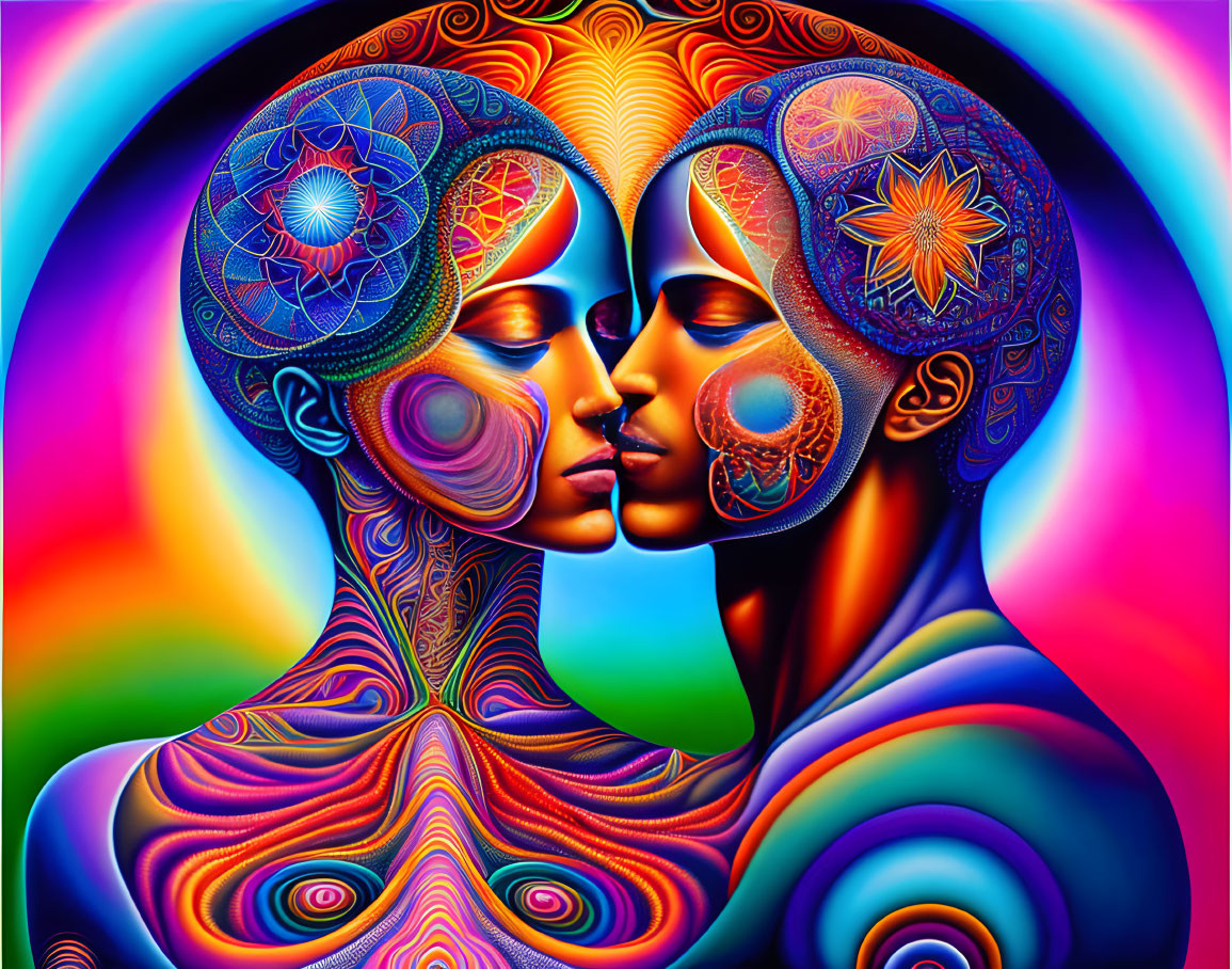 Colorful Digital Artwork: Two Faces in Profile with Psychedelic Patterns