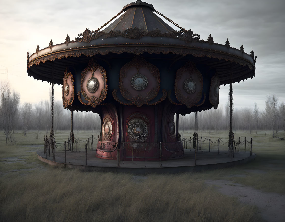 Desolate abandoned carousel with faded ornate designs.
