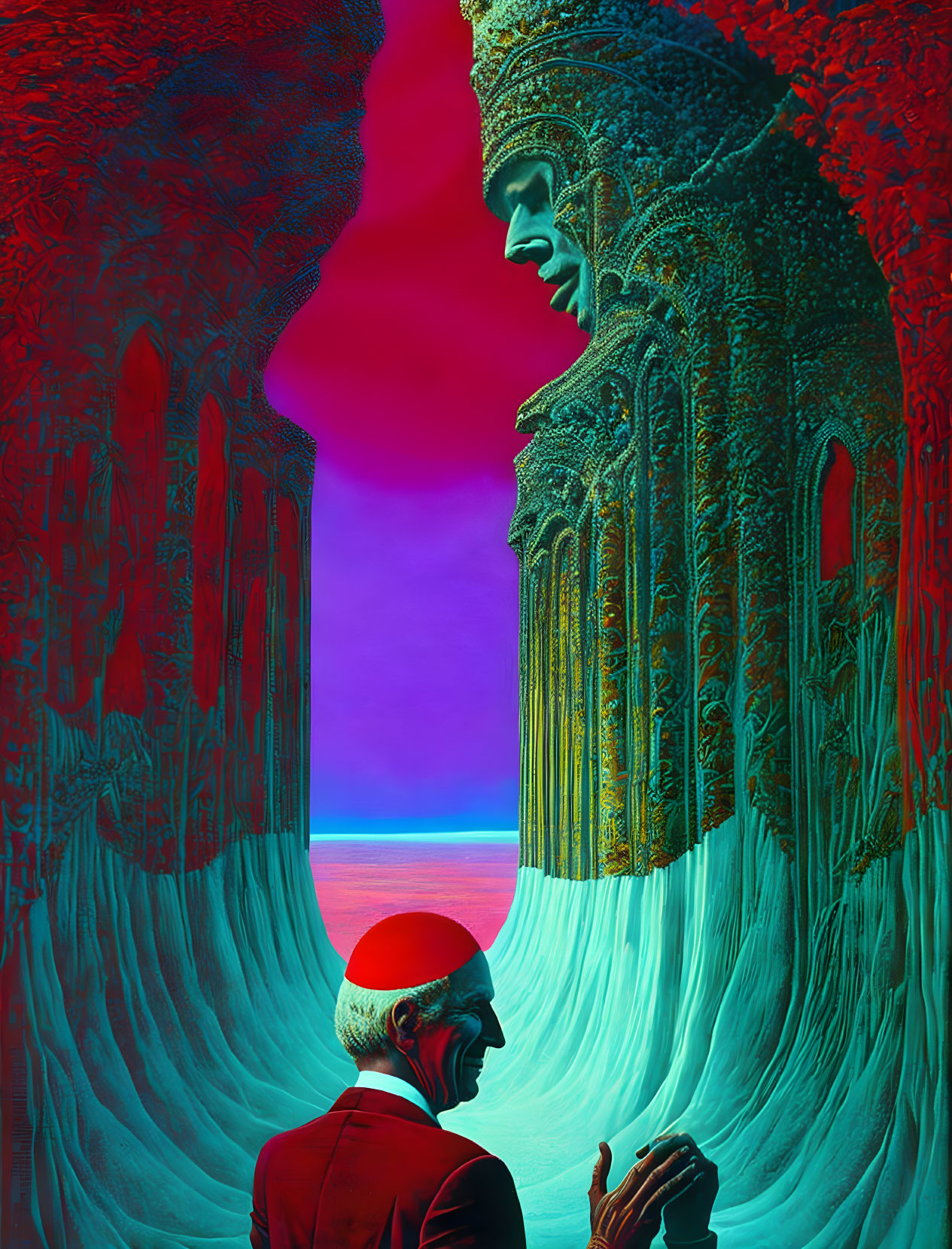 Man in red suit with fez gazes at colossal face sculpture in canyon under red and purple sky