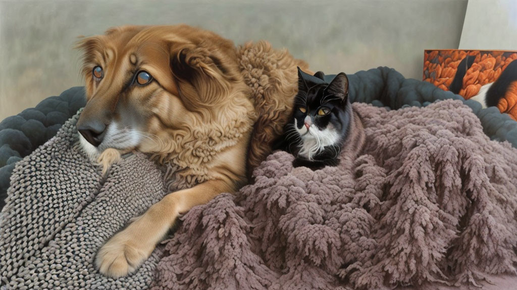 Golden-Brown Dog and Black & White Cat on Grey Blanket with Orange Artwork