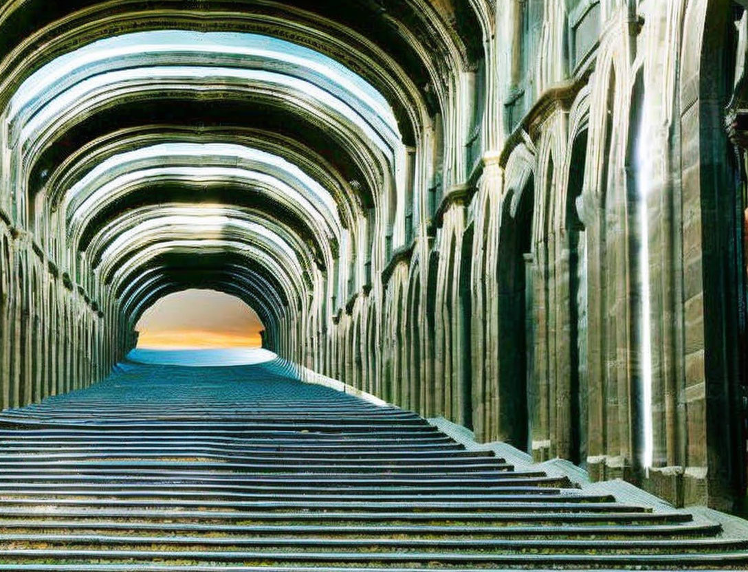 Arched Stone Corridor with Ribbed Vaults and Sunset Sky