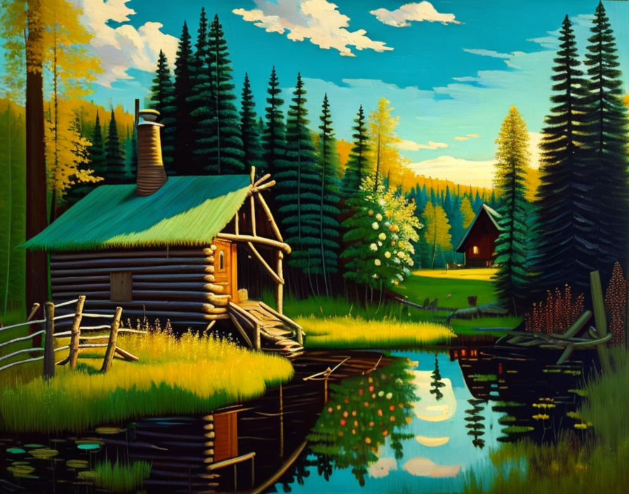 Scenic lakeside painting with log cabin and lush trees at sunset