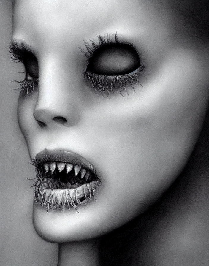 Monochrome art: Exaggerated face features with oversized eyes and sharp teeth