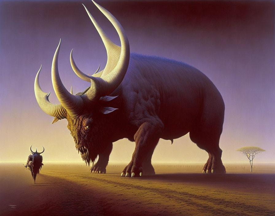 Fantastical creatures with multiple horns in desert landscape