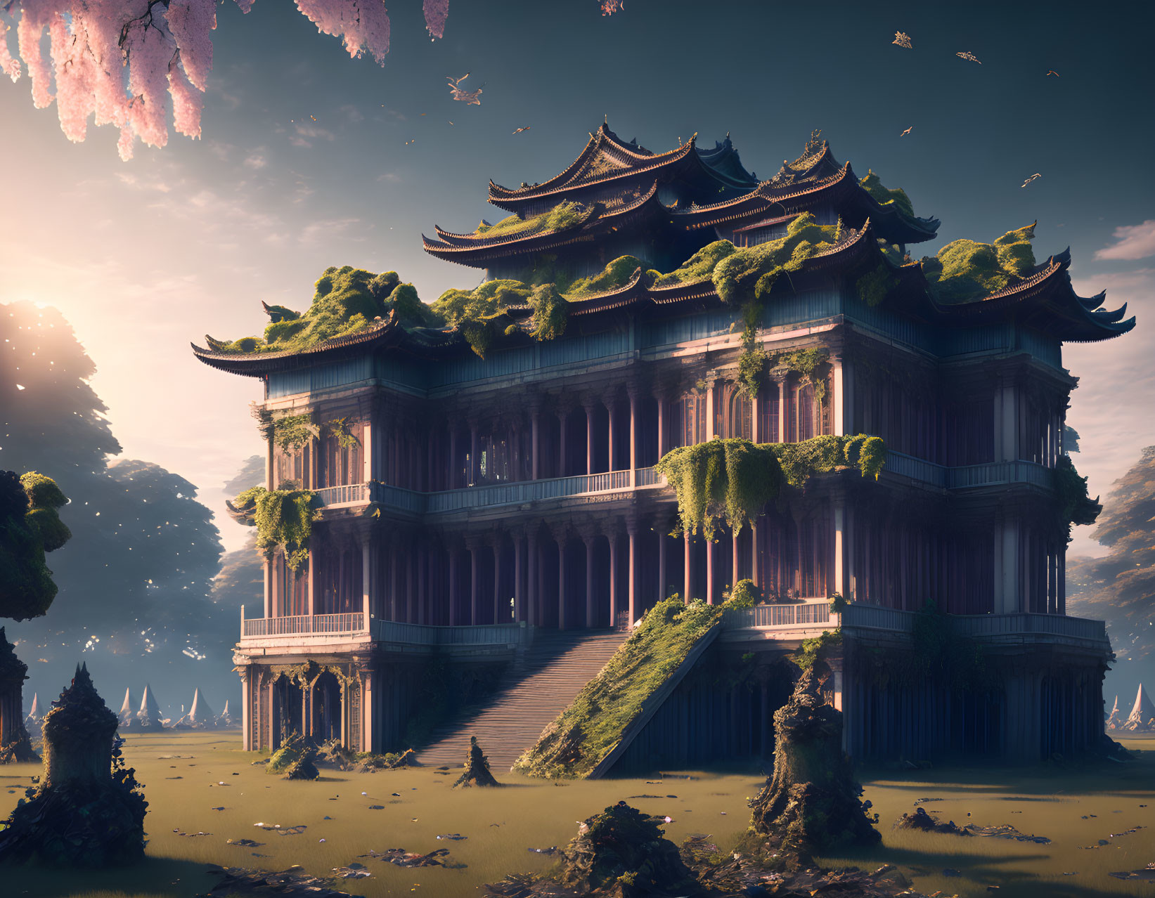 Ornate Asian-style palace in mystical setting with cherry blossoms