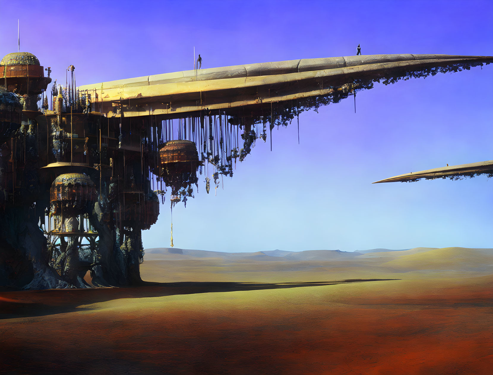 Futuristic desert landscape with suspended structure and lone figure