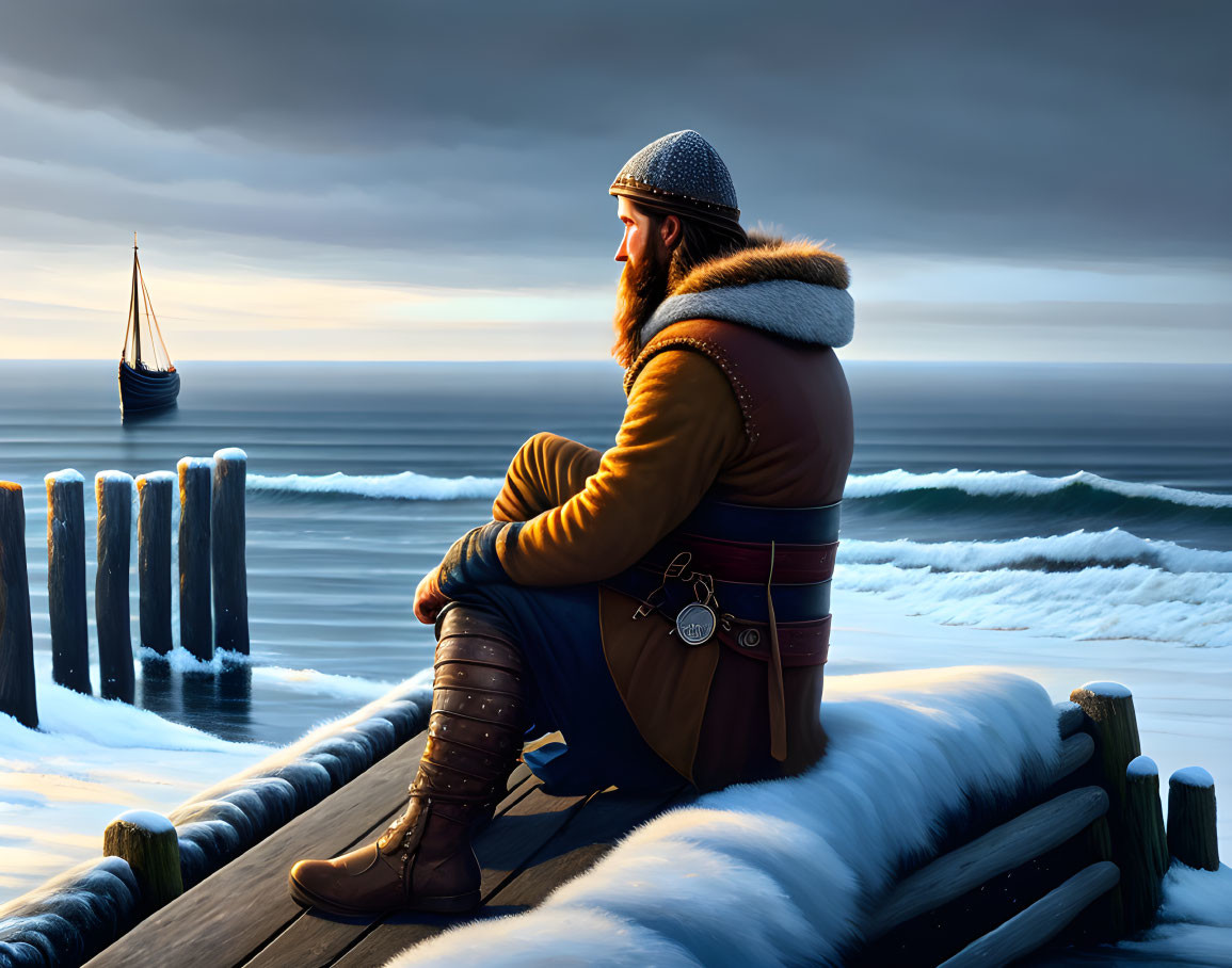 Viking in helmet gazes at ship on snowy dock at dusk