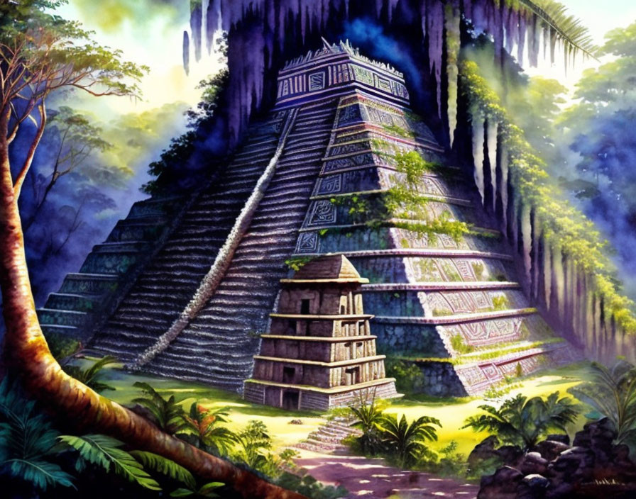 Ancient Mesoamerican pyramid in dense jungle with mystical ambiance