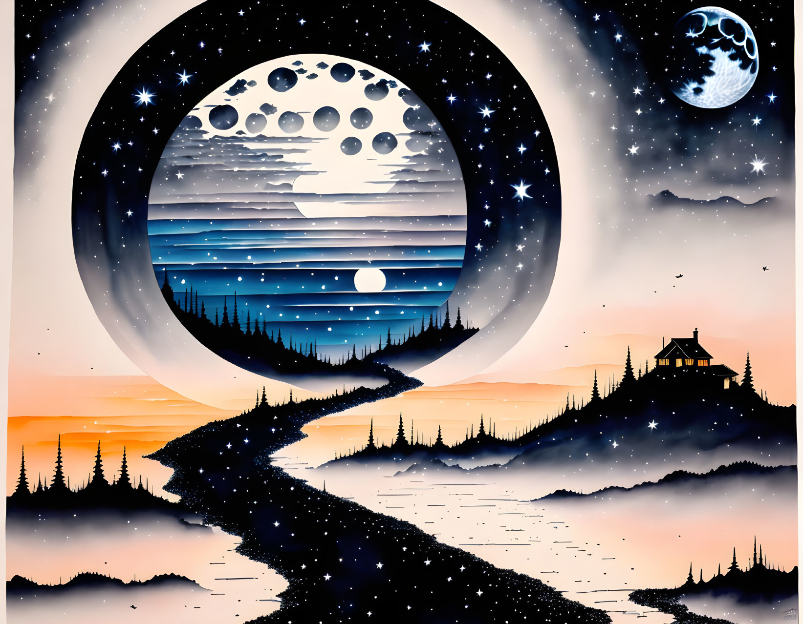 Surreal digital art: oversized moons, starry sky, pine tree silhouettes, solitary