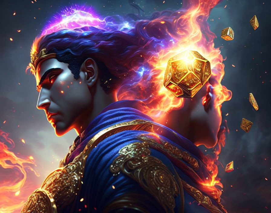 Fantasy-themed male figure with cosmic fiery hair and ornate armor against dramatic backdrop.