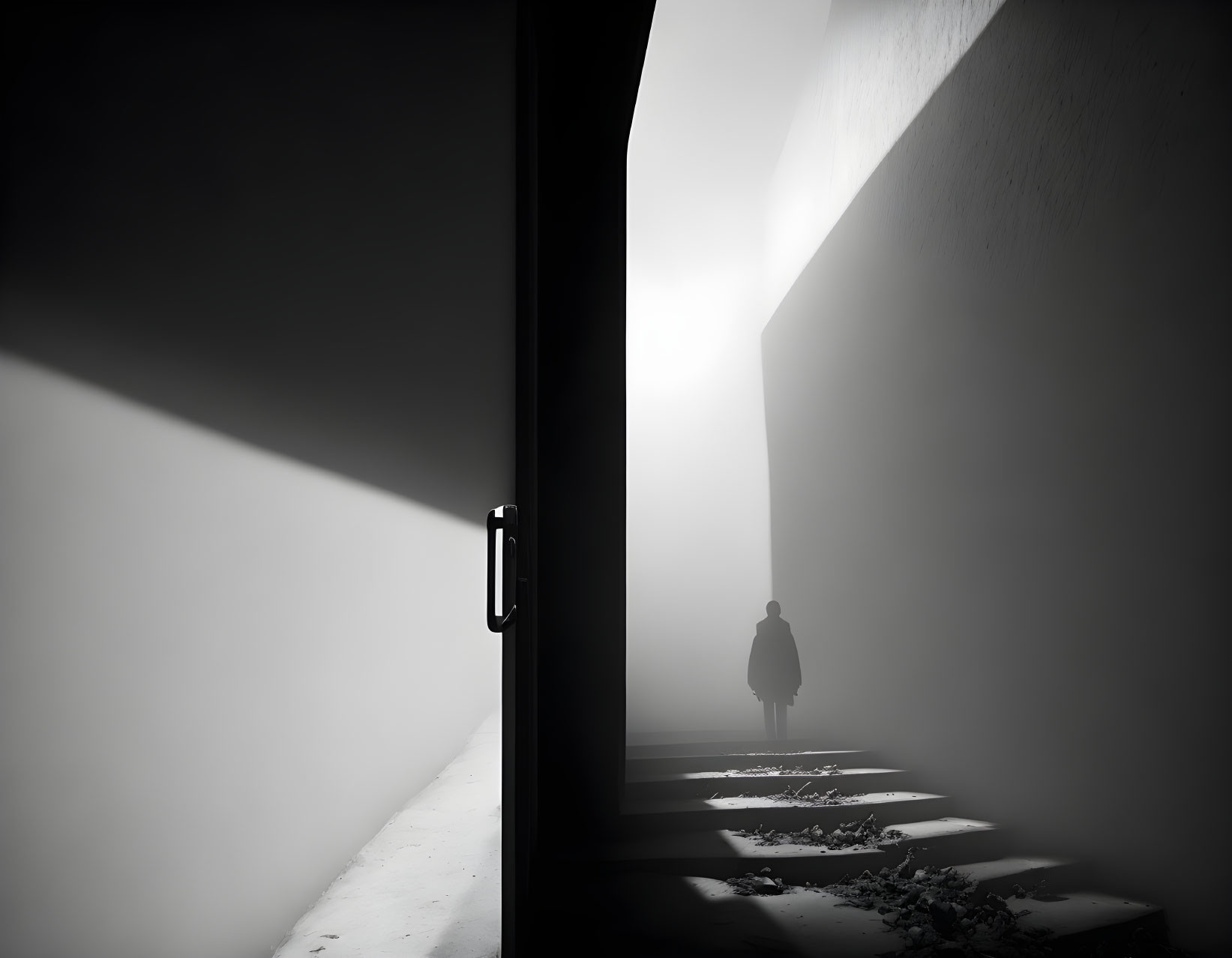 Silhouette of person in stark corridor with open door and beam of light