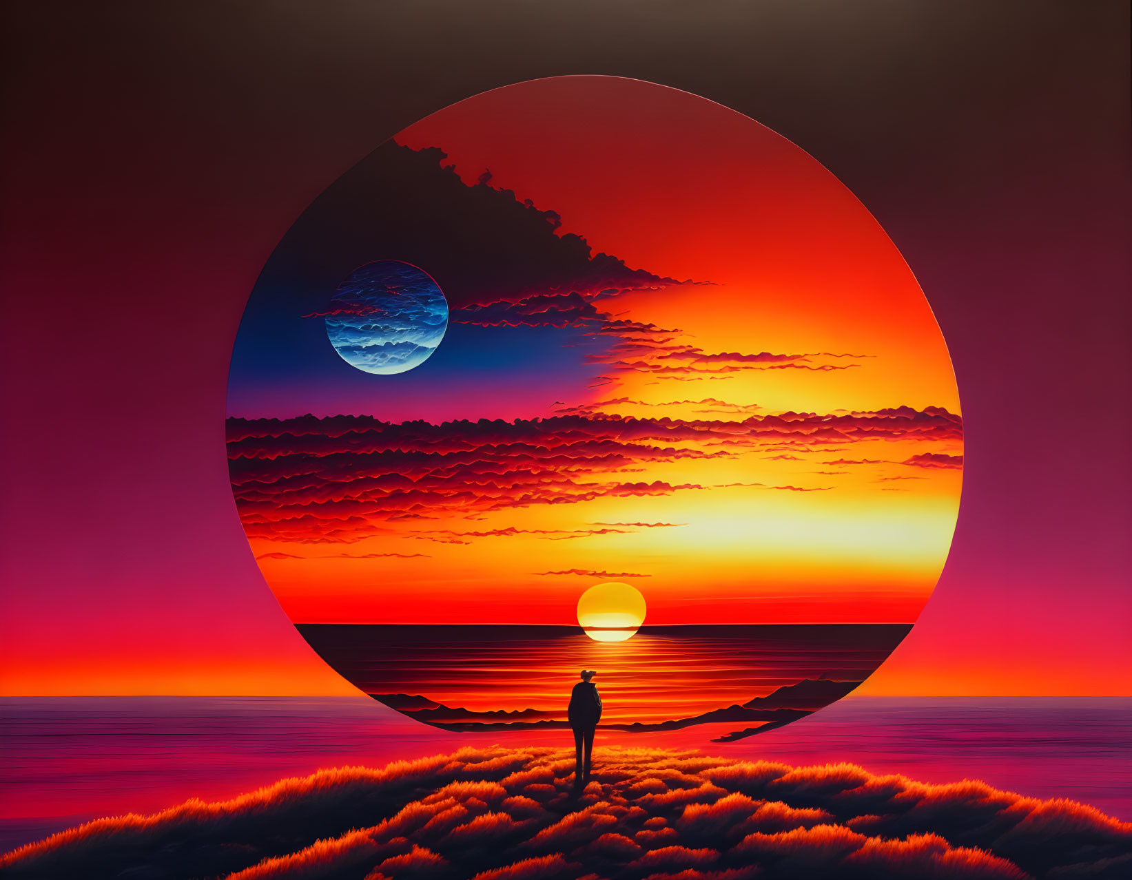 Silhouetted figure in surreal sunset with celestial bodies and vibrant clouds