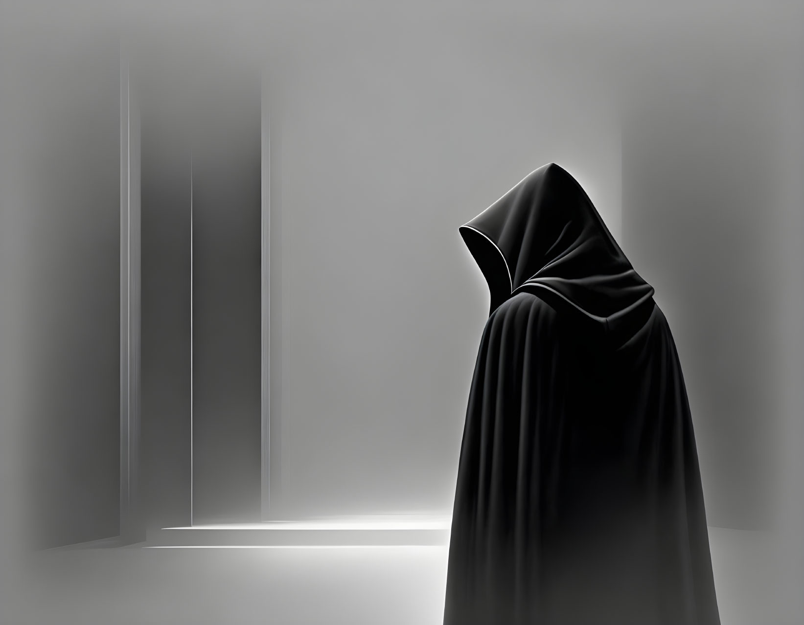 Mysterious cloaked figure in dark room with vertical light slits