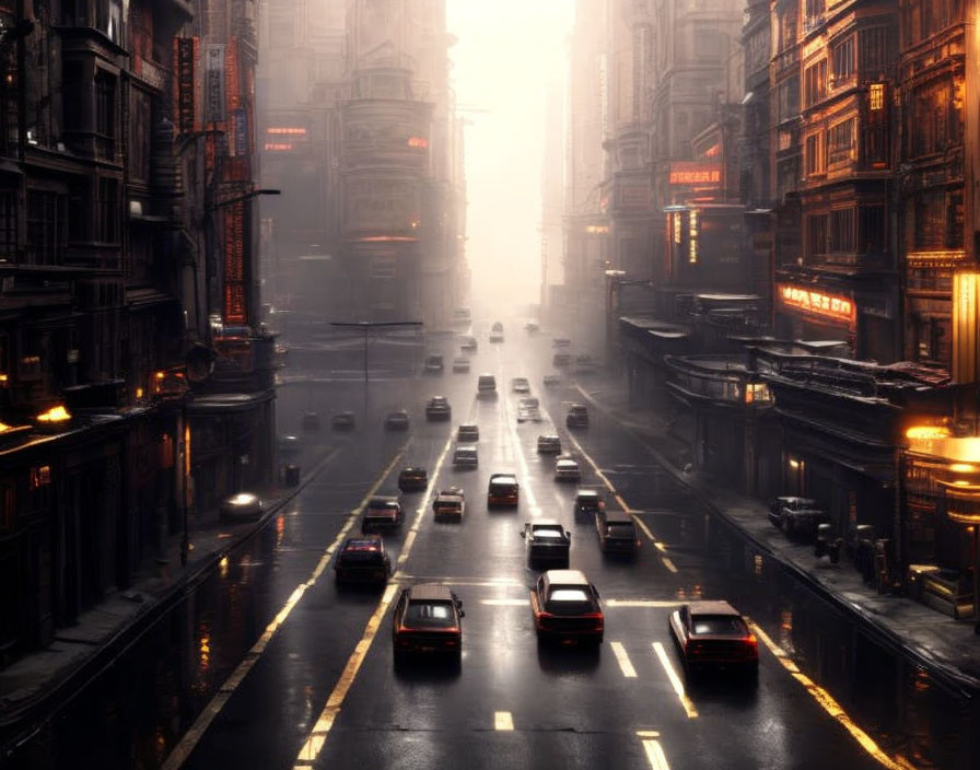 Misty sunlit cityscape with wet street and neon signs