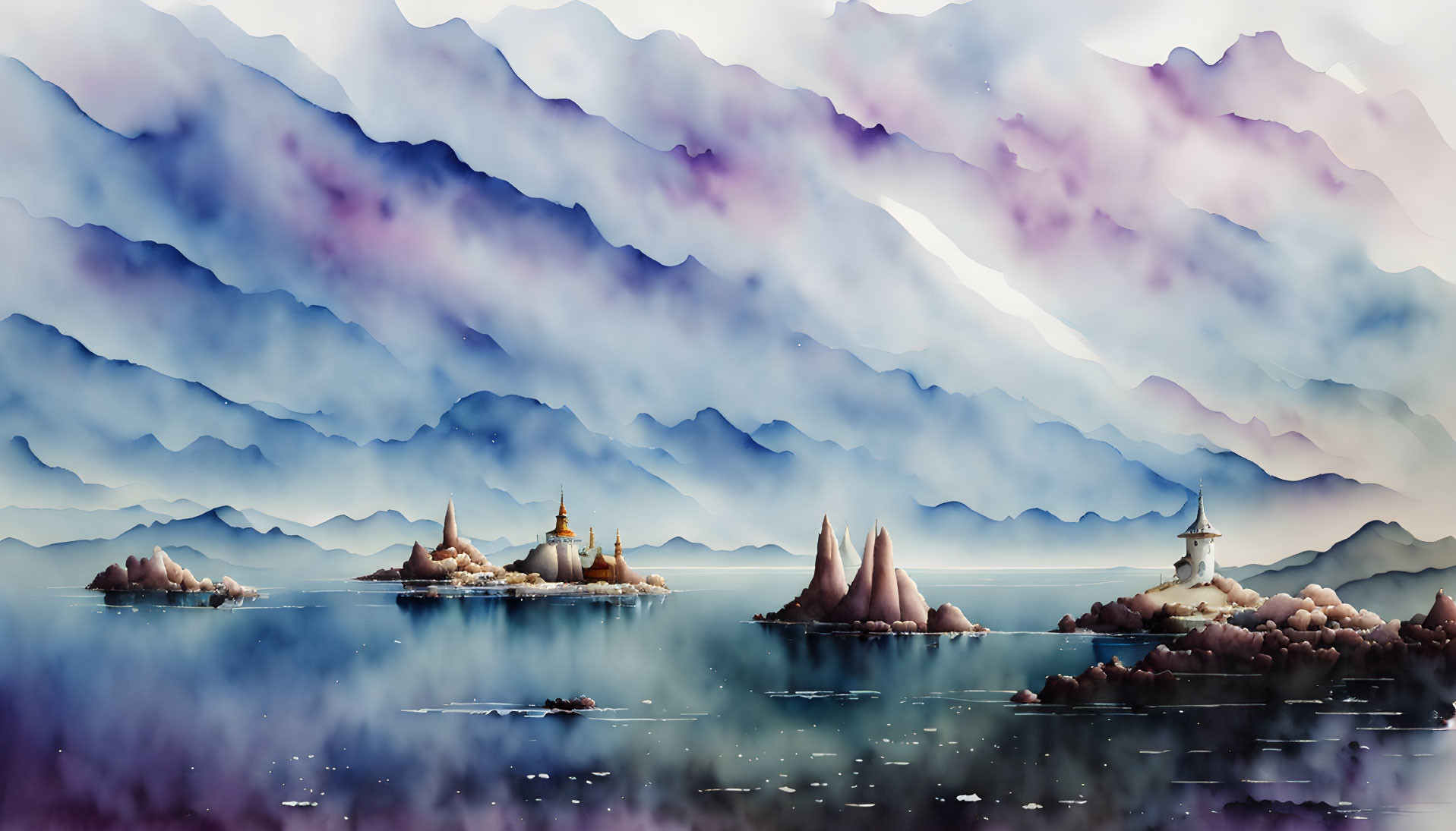 Tranquil digital artwork: serene lake, islands, traditional structures, layered mountains, pastel sky