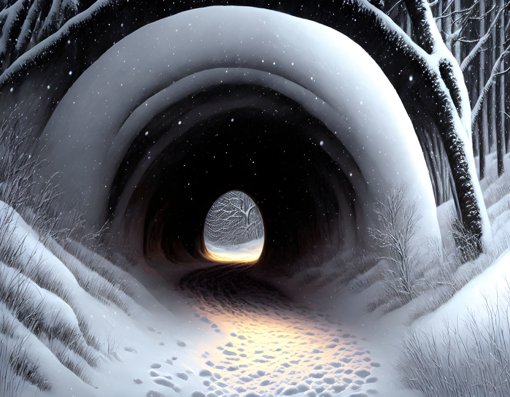 Snowy Landscape with Bare Trees Tunnel and Warm Glow in Starry Night Sky