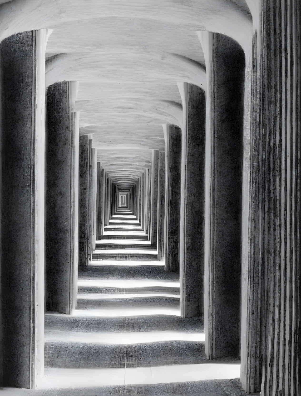 Symmetrical monochrome image of concrete colonnade with arches and pillars