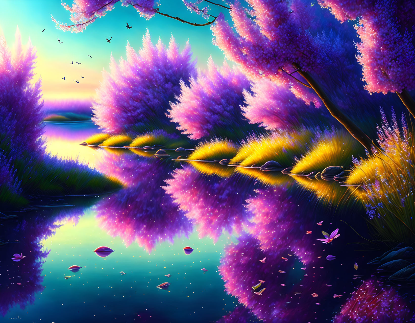 Tranquil digital painting of vibrant flowering trees by a calm lake at dusk