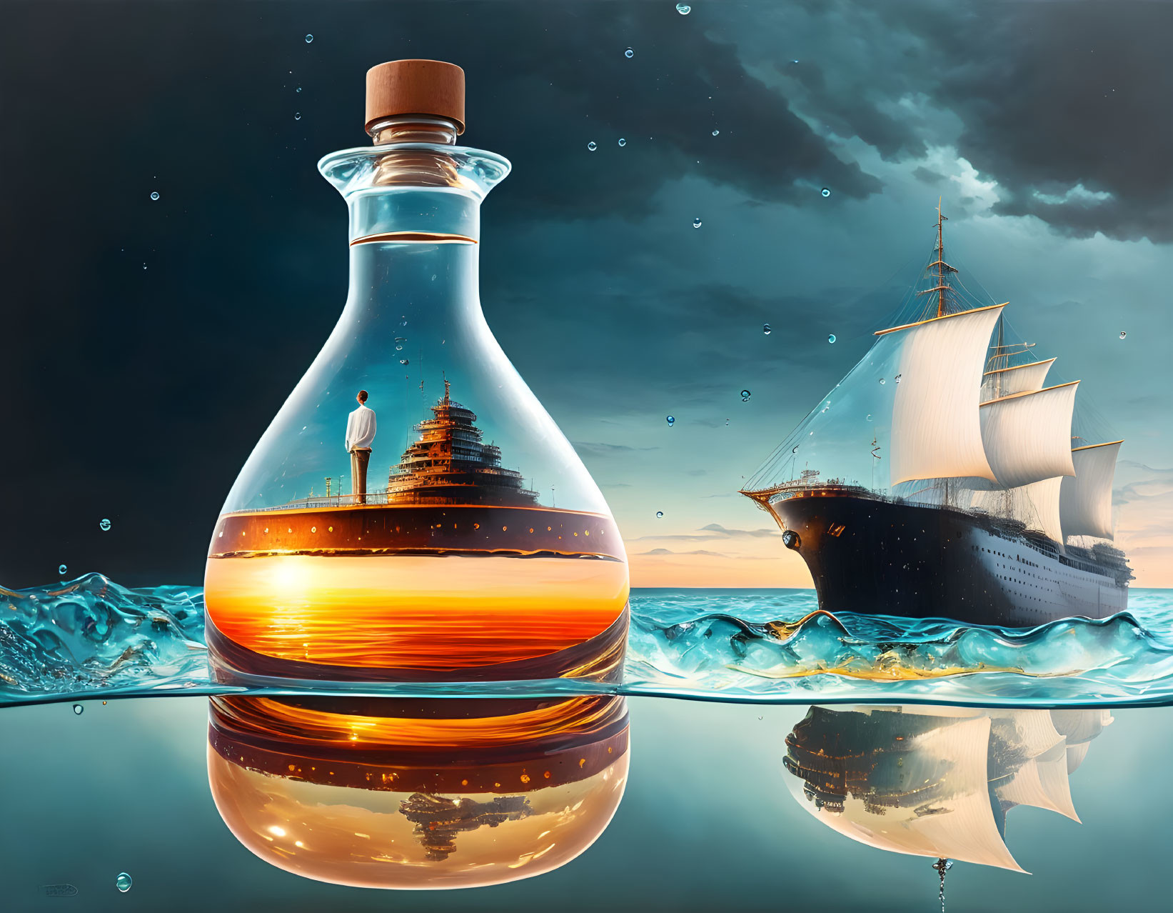 Digital artwork: bottle with sunset, lighthouse, sailing ship, surreal reflection