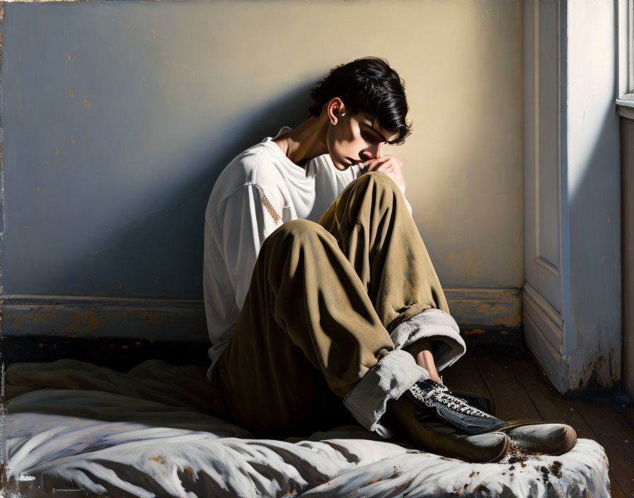 Person in white shirt, beige pants, black sneakers, lost in thought against wall with sunlight.