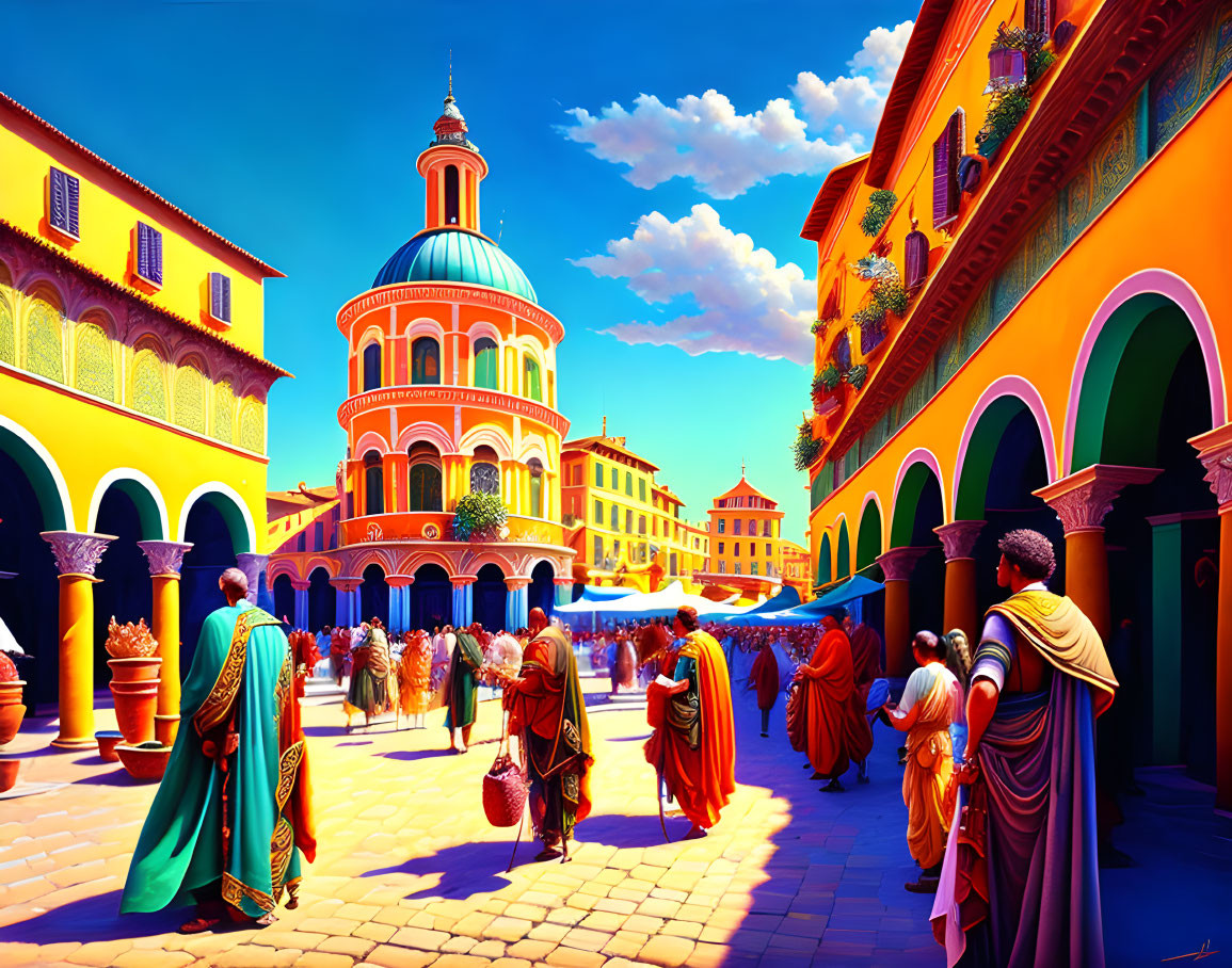 Colorful Street Scene with People in Classical Attire Walking Towards Grand Domed Building