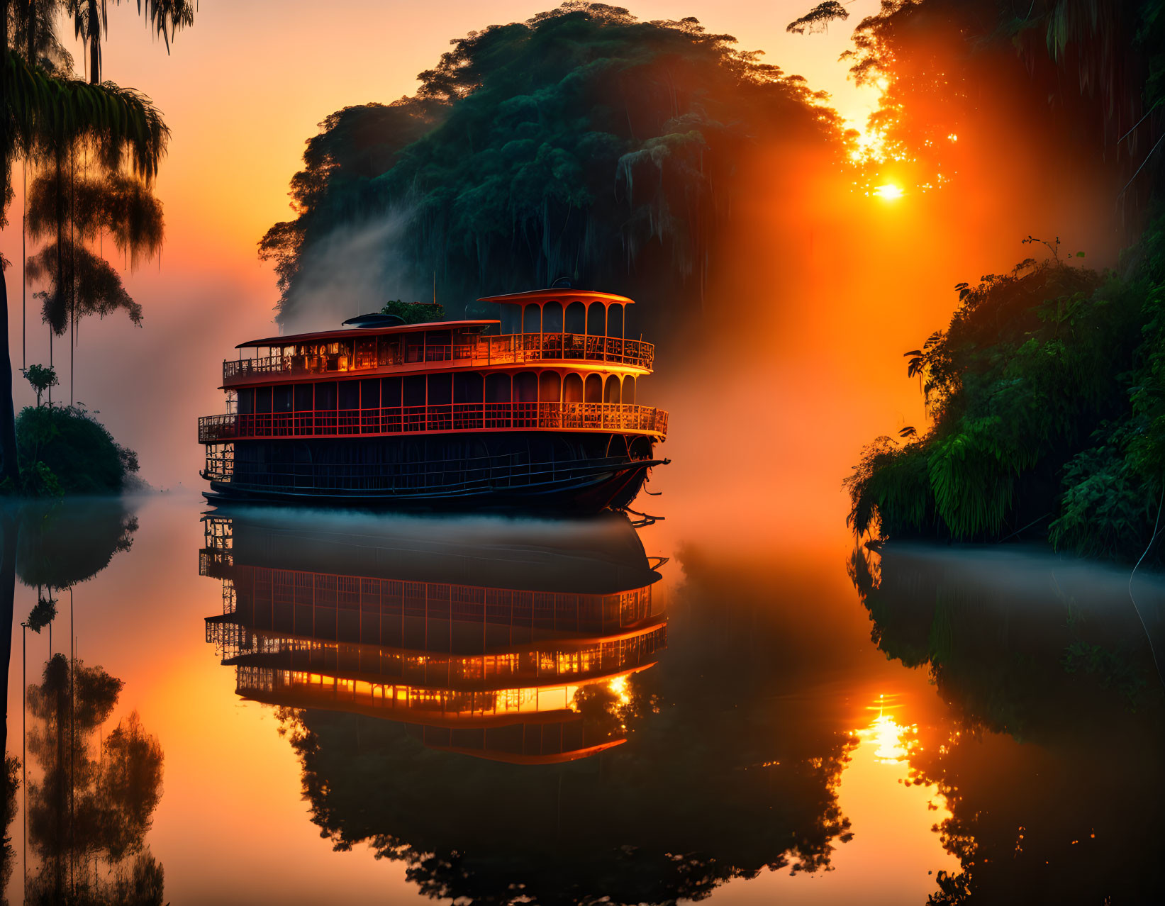 Tranquil sunset scene with paddle steamer on river