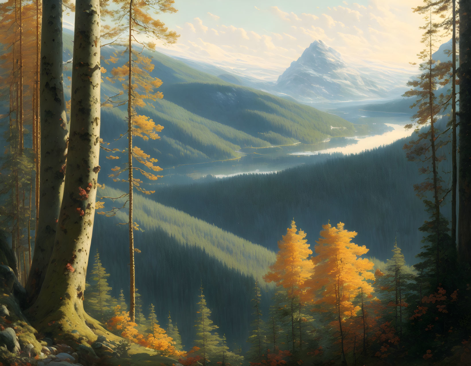 Sunlit autumn forest overlooking river valley and mountain