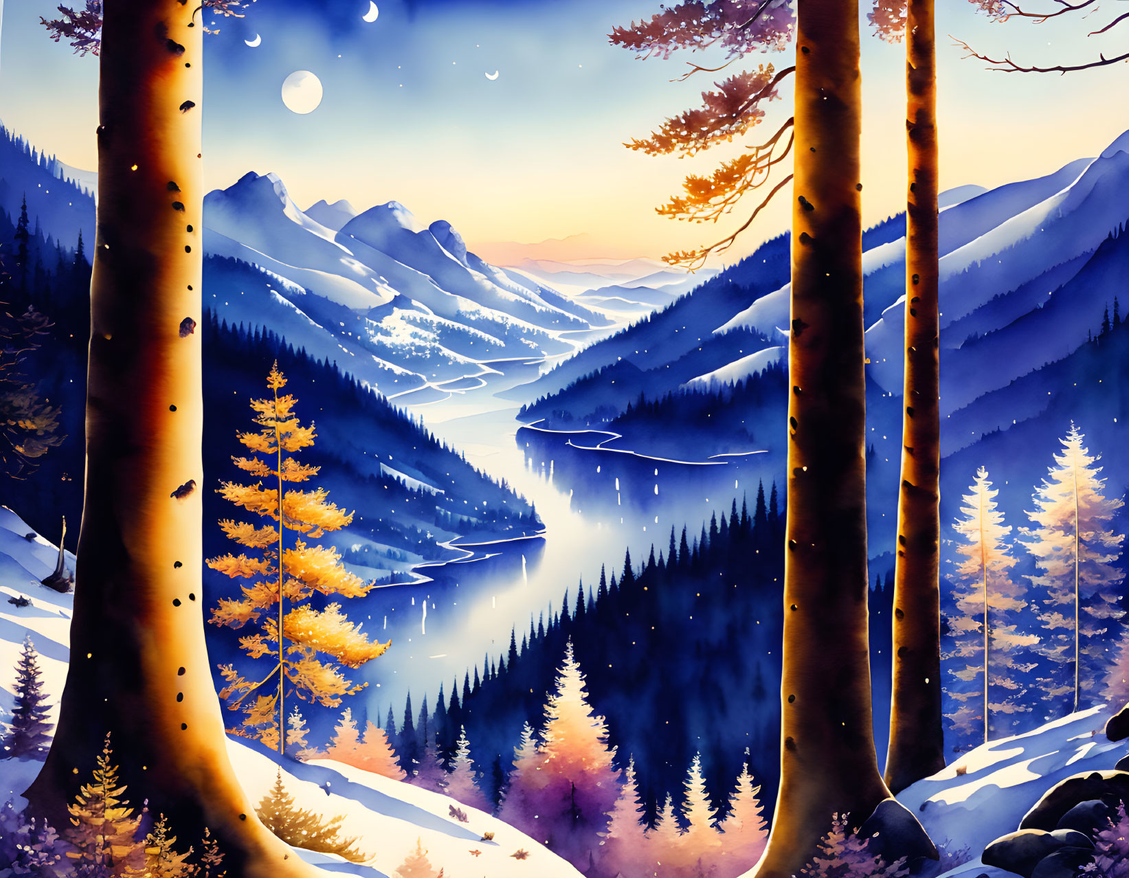 Serene winter landscape with snow-covered mountains and pine trees at dusk