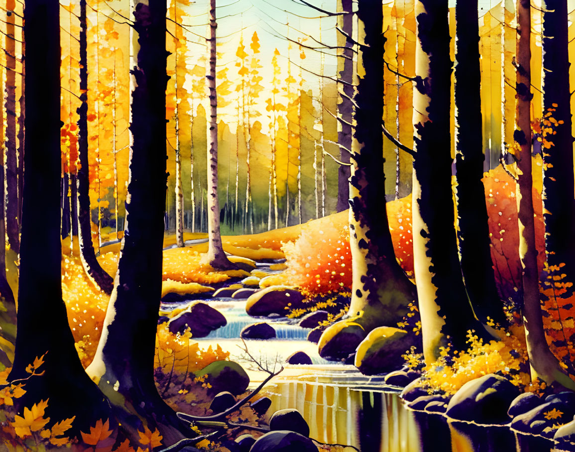 Tranquil autumn forest scene with golden leaves and stream