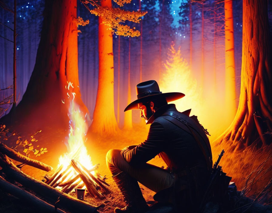 Cowboy by campfire in nighttime forest with illuminated trees and starry sky.