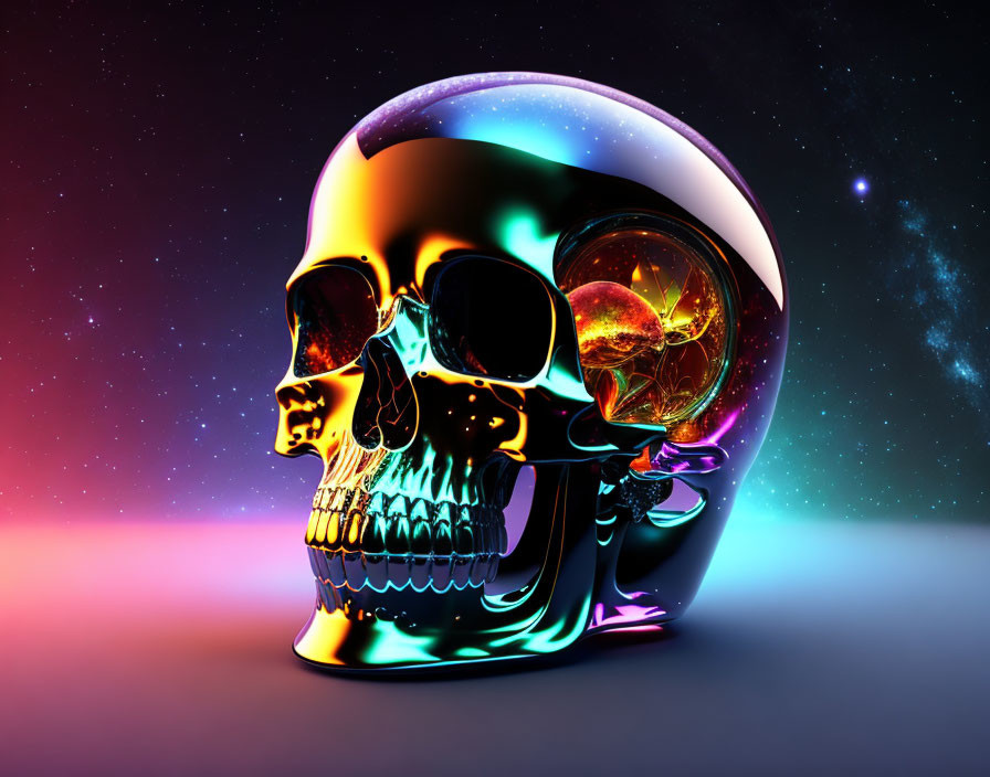 Colorful 3D skull illustration with cosmic neon background